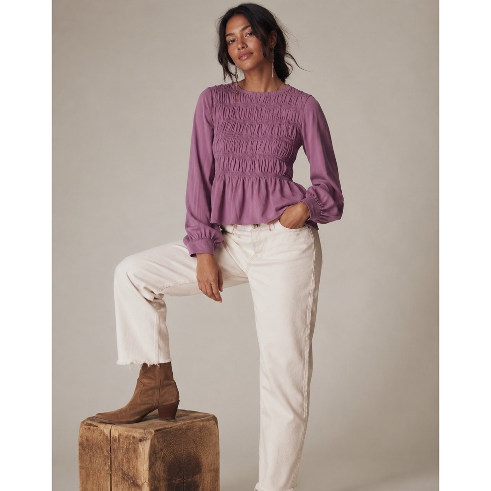 Pilcro Anthropologie Purple Smocked Peplum Long Sleeve Cotton Top XS Cottagecore